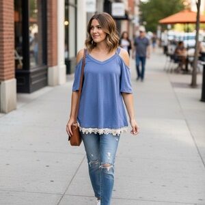 Umgee Blue Cold Shoulder Top with Lace Trim